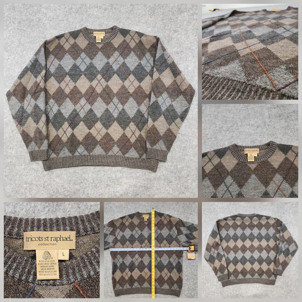 VTG Tricots St Raphael Mens L Large Pure New Wool Knit Crewneck Argyle Sweater